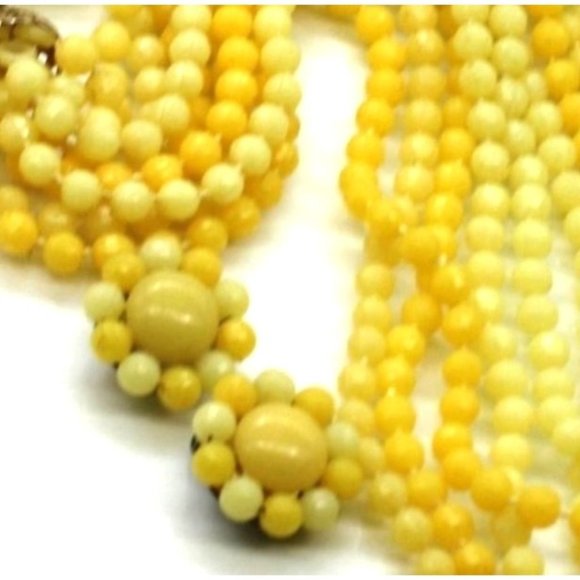 VINTAGE HONG KONG 8 strand necklace clip on earrings plastic yellow beads 26"